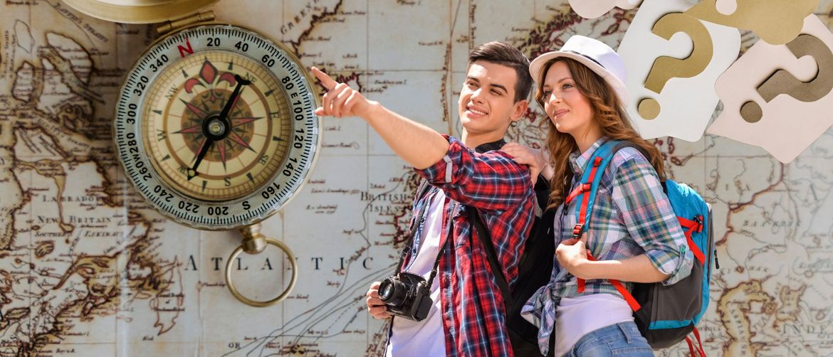 Turisti na putovanju na pozadini karte svijeta s kompasom