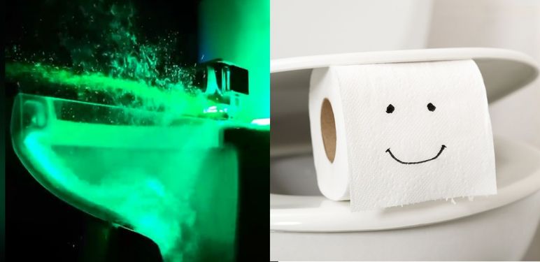 WC osvjetljen laserom i kapljice koje izlaze